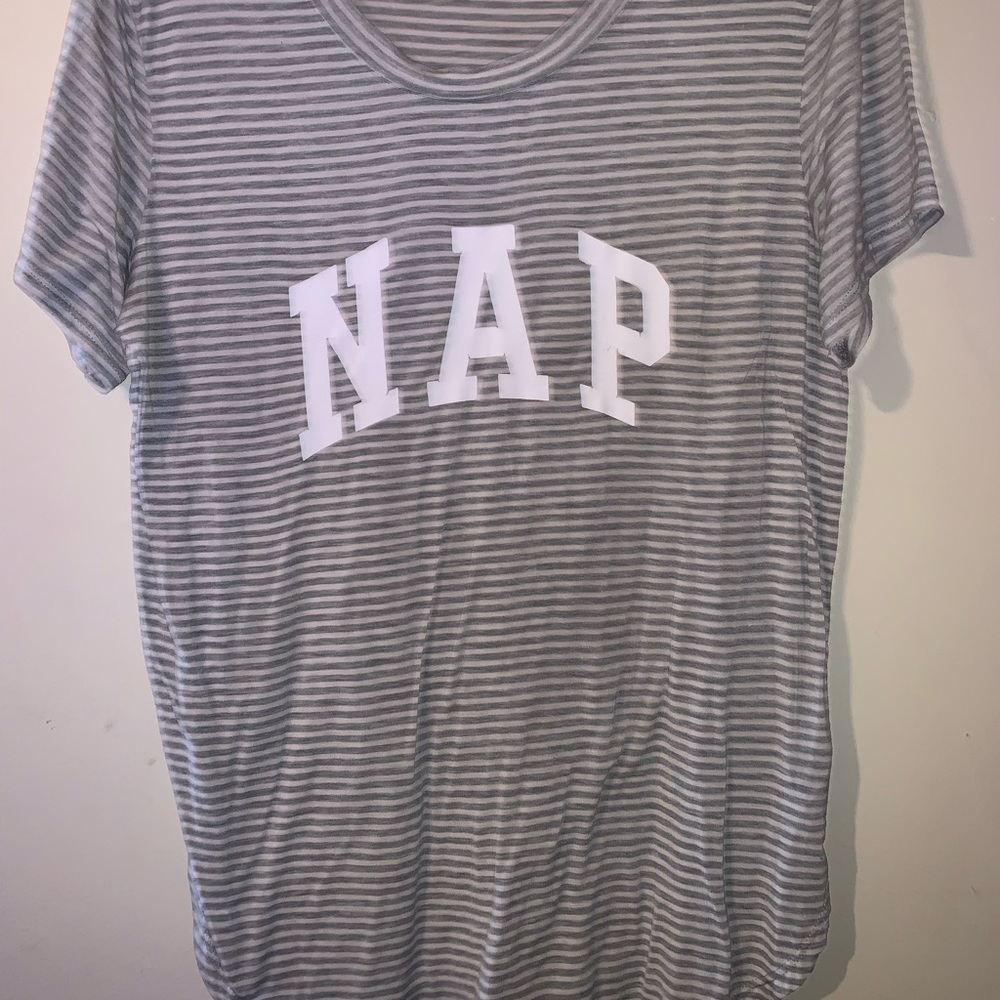 Gray and white striped “nap” shirt